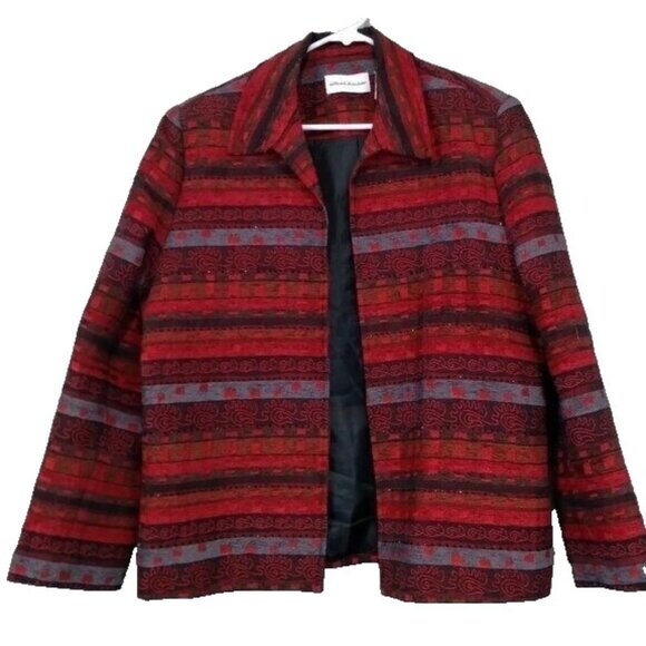 Alfred Dunner Womens Southwest Jacket Size 16 Red Beaded Embroidered Open Aztec - Picture 1 of 8